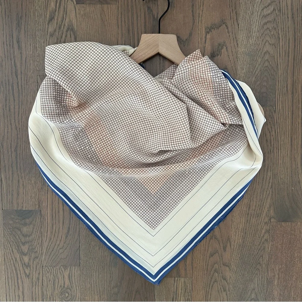 Vintage Anthro 100% Silk Crepe Scarf Grid Print Cream, Rust, Blue 34